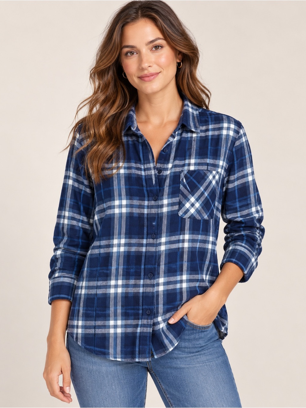 NWOT Well Worn Navy and White Plaid Button-Down Shirt